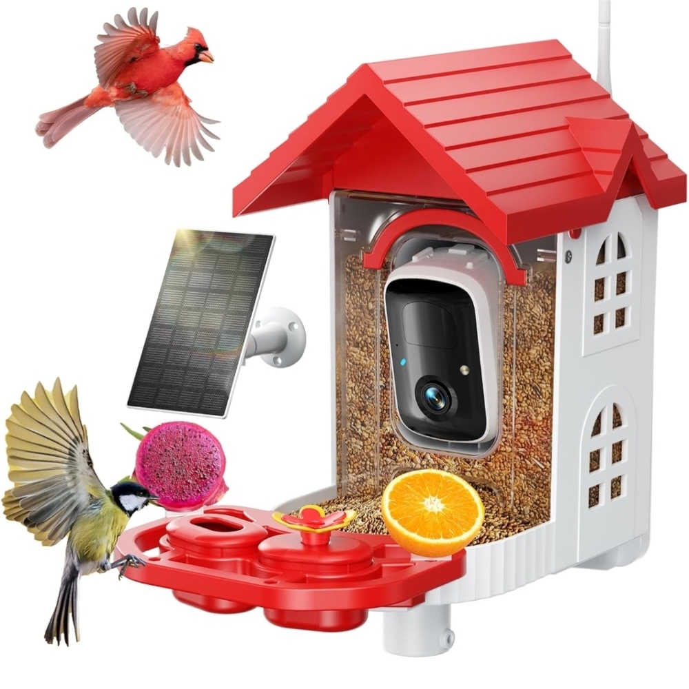 Red and White Bird Feeder with Camera